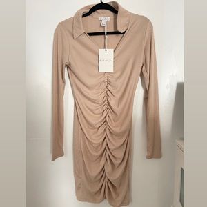 Charlotte Russe- Nude Button Up Collar Long Sleeve Knit Bodycon Mini dress